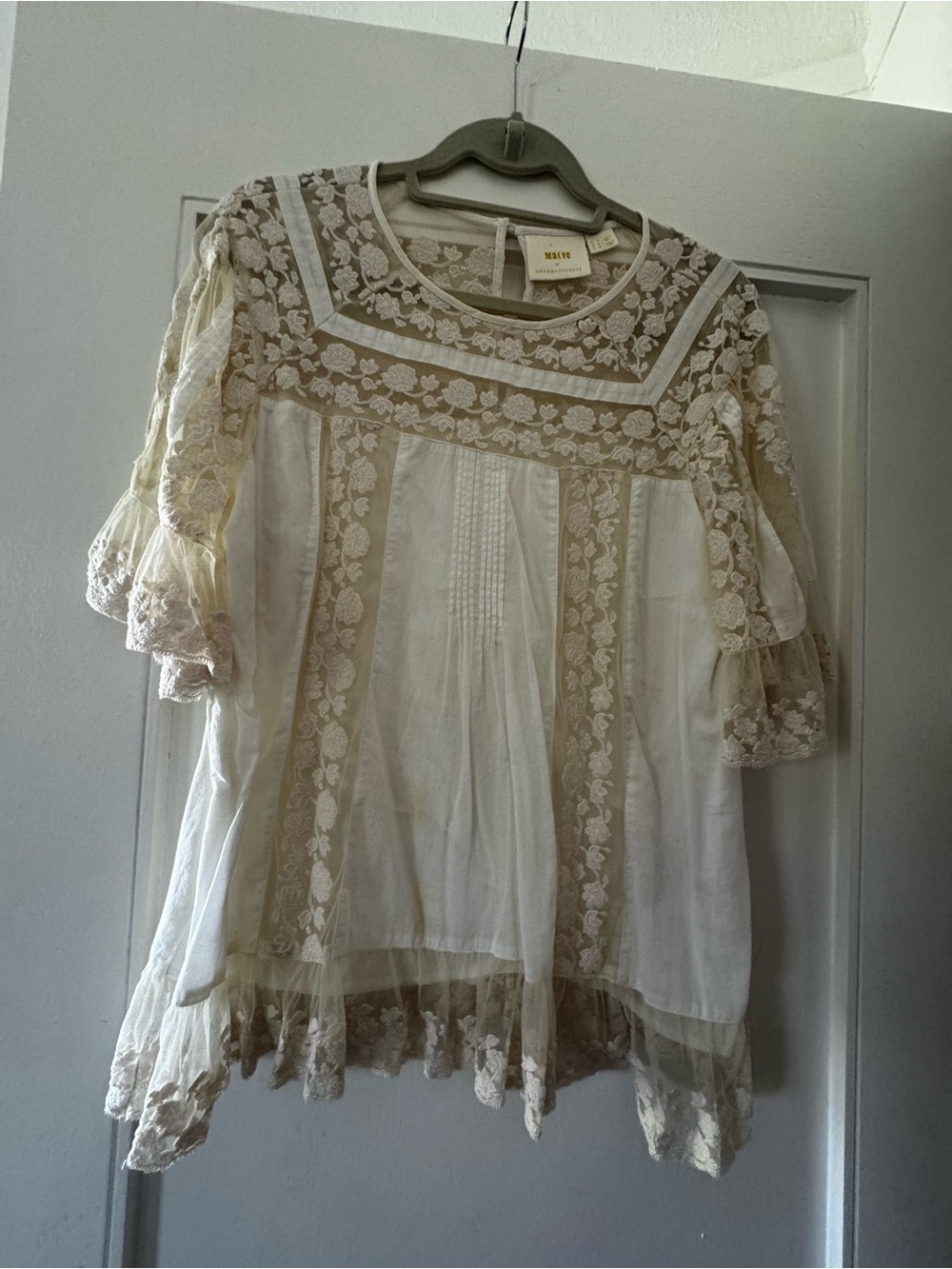 Anthropologie Maeve Cream Lace-Embroidered Boho Blouse